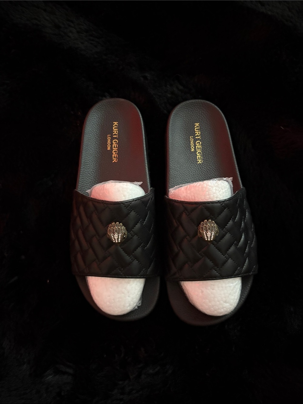 Kurt Geiger Black Quilted Slide Sandals with Gold Shell Accent